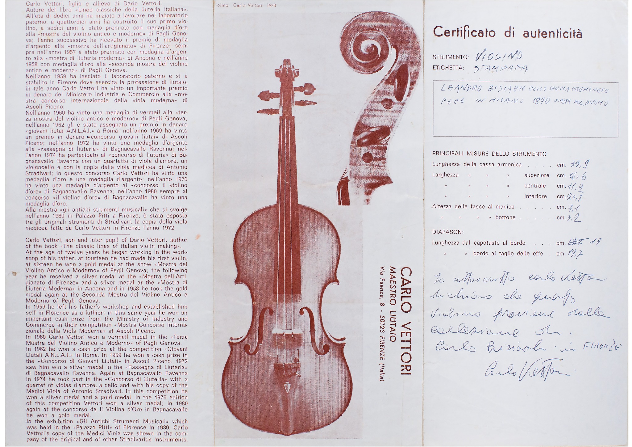 Carlo Vettori 1989 certificate original scan 1